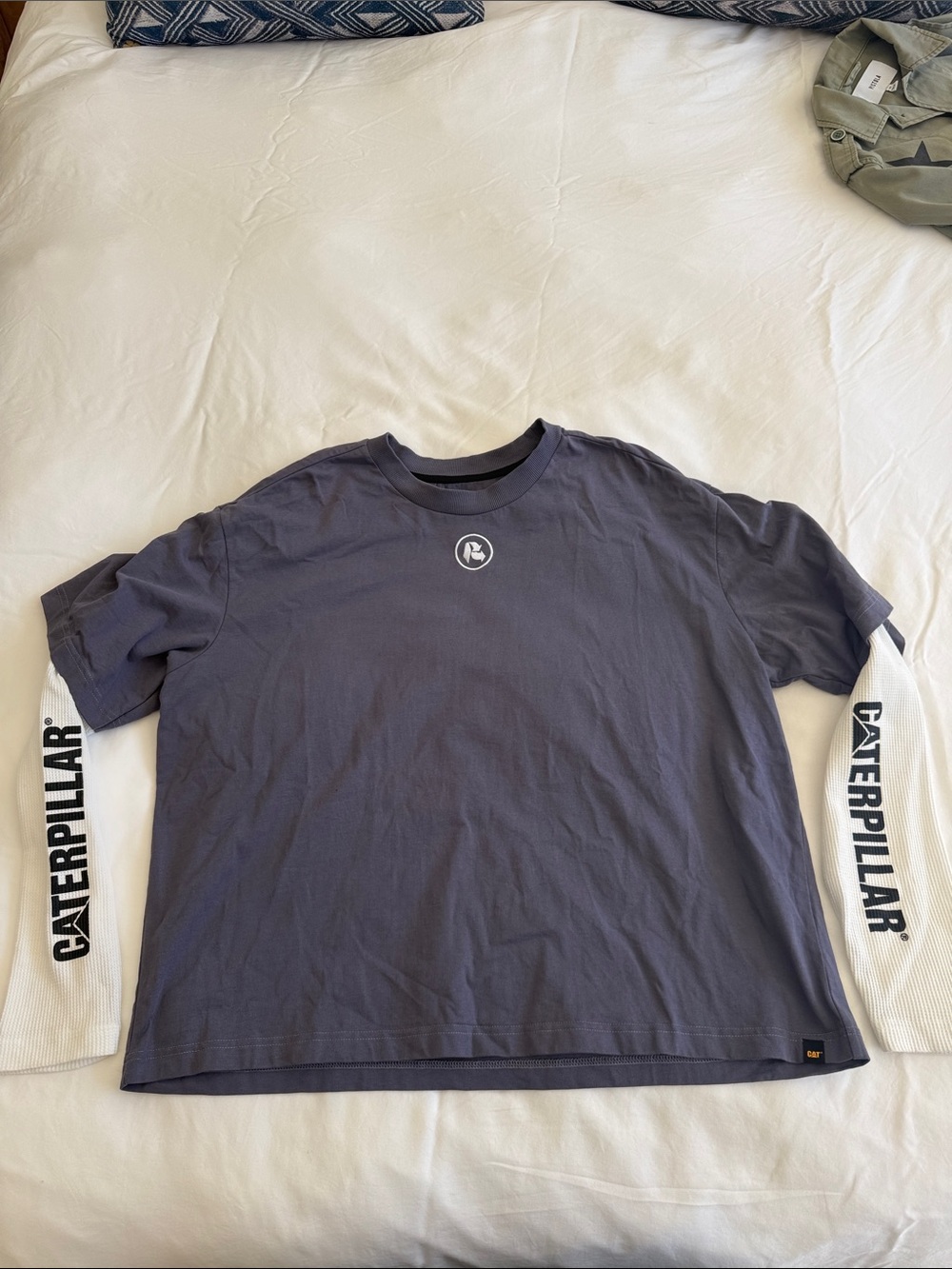 Caterpillar Men's Layered-Style Short Sleeve Tee in Charcoal with White Sleeves